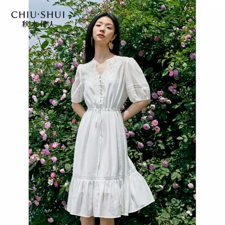 秋水伊人法式蕾丝花边V领连衣裙夏季新款女装超仙白色裙子图片