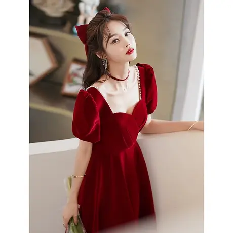 敬酒服2023新款新娘高级感酒红色连衣裙订婚礼服平时可穿日常法式图片
