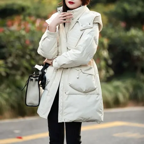 时尚保暖中长款羽绒服2021秋冬季新款女士气质修身显瘦连帽外套图片