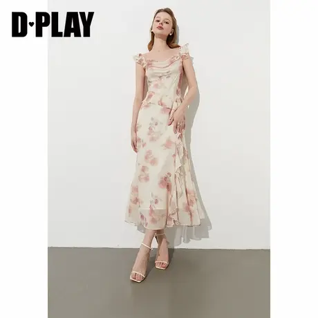 DPLAY2025年夏季新款粉白色连衣裙女长款雪纺印花裙子度假长裙图片