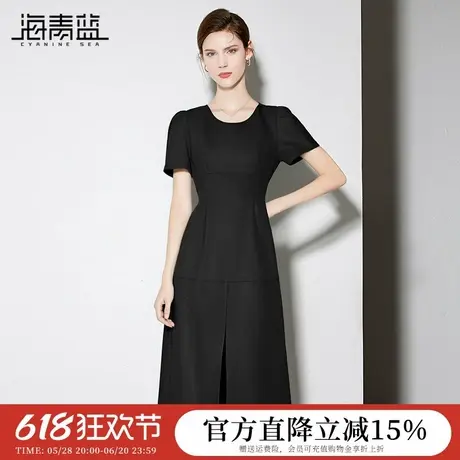 海青蓝 连衣裙夏女2025新款高级时尚气质纯色中长款女装a字裙子图片