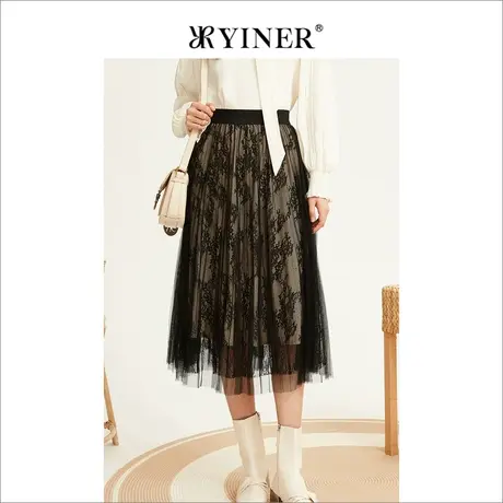 YINER音儿专选女装冬季高腰中长款蕾丝网纱A字半身裙图片