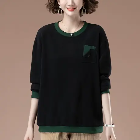 春秋薄款卫衣女加肥加大码女装宽松中年妈妈休闲圆领黑色长袖上衣图片