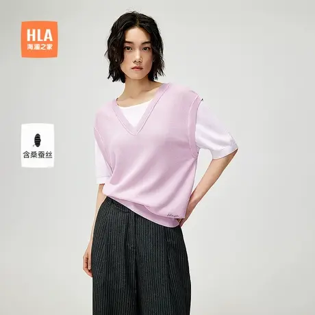 HLA/海澜之家撞色显瘦短袖针织衫2025夏季新款假两件时尚上衣女装图片