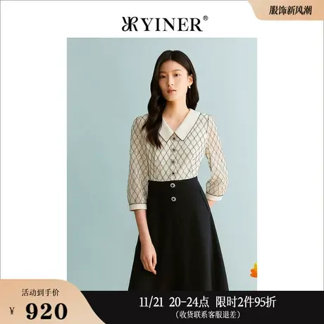 【假两件】YINER音儿专选秋季女装法式蕾丝大翻领连衣裙图片