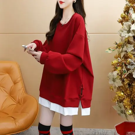 网红设计感拼接卫衣女2024新款春季慵懒风宽松假两件加绒加厚上衣图片