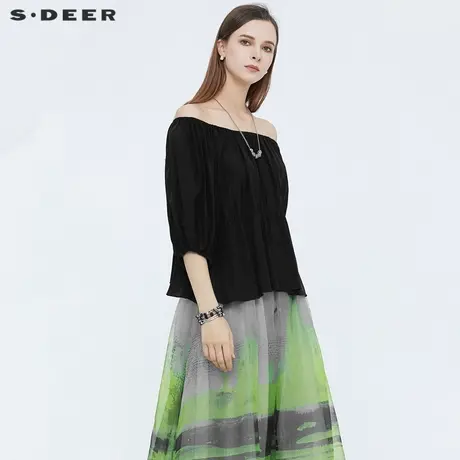 sdeer圣迪奥女装夏装文艺抽褶木耳边泡泡袖衬衫S21280423商品大图
