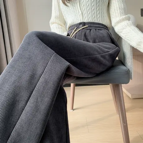 加厚加绒灯芯绒阔腿裤女2023冬新款高腰宽松垂感小个子休闲条纹裤图片