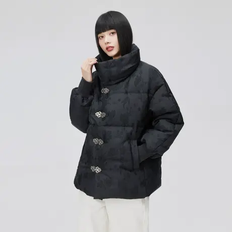 艾莱依黑色女士羽绒服2022秋冬新款国潮盘扣时尚高级感国风短外套图片