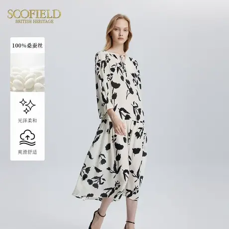 【甄选真丝】Scofield女装蝴蝶结领优雅印花连衣裙夏季裙子图片