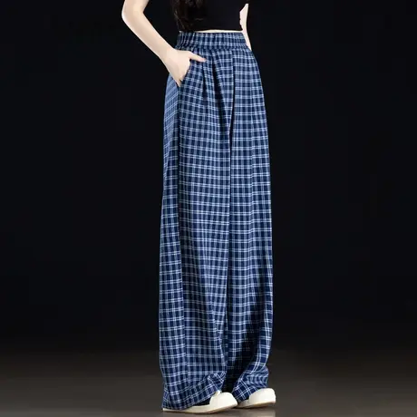 蓝色格子裤女直筒休闲裤2025新款夏季薄款女裤垂感松紧高腰阔腿裤图片