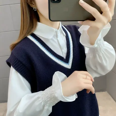 2024年春装新款网红V领纯色针织马甲女背心宽松百搭无袖上衣毛衣图片