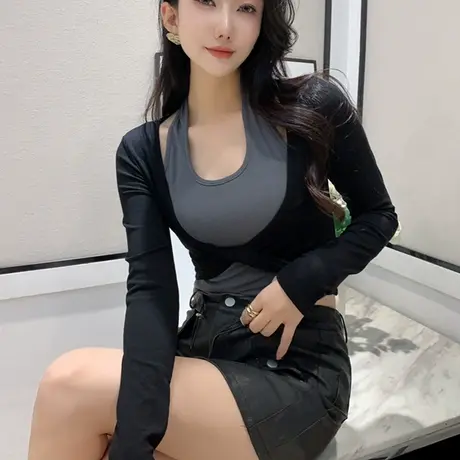 设计感假两件上衣女长袖欧货时尚挂脖撞色T恤修身气质内搭打底衫图片