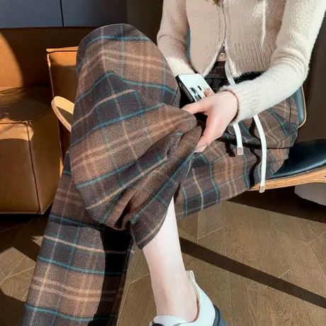 咖啡色大格子休闲裤女2023冬新款阔腿裤窄版复古宽松显瘦高腰长裤图片