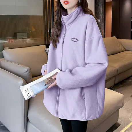 唐狮摇粒绒外套女装加厚秋冬新款韩版休闲夹克加绒上衣黑色气质潮图片