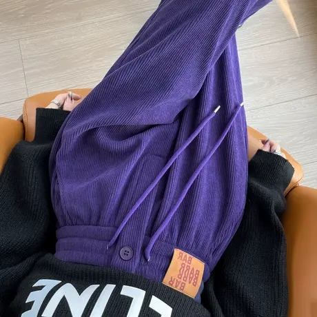 紫色雪尼尔裤子女秋冬季加厚加绒束脚休闲裤灯芯绒运动裤条绒女裤图片