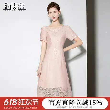 海青蓝 连衣裙夏女2025新款高级女装粉色中长款印花蕾丝圆领裙子图片