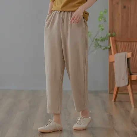 dza 高腰显瘦纯色全棉休闲九分裤子女春秋宽松阔腿裤直筒哈伦女裤图片