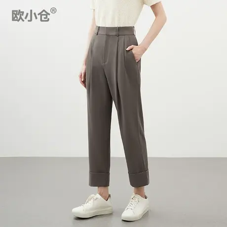 OXC/欧小仓奶茶裤双褶翻边宽松垂感休闲哈伦裤咖色质感九分奶奶裤图片