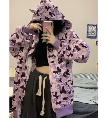 连帽卫衣女2022春秋oversize小众高街潮牌ins慵懒风薄款开衫外套图片