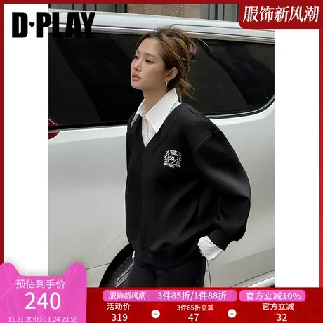 DPLAY学院风博主强推经典黑刺绣徽标假两件宽松廓形卫衣图片
