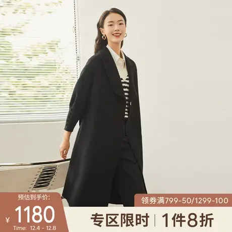 伊芙丽毛呢外套女2021年新款黑色中长款双面呢大衣女小秋冬个子图片