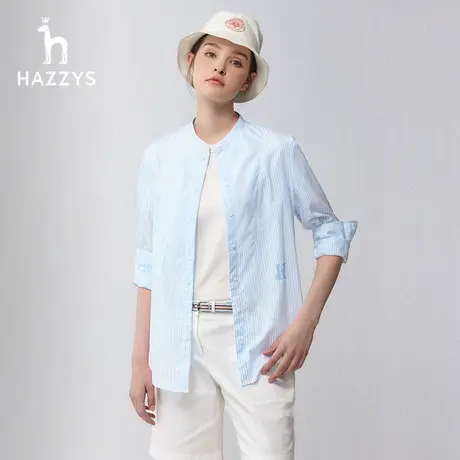 Hazzys哈吉斯奥莱春季休闲版竖条纹衬衣长袖纯棉衬衫薄外套上衣女图片
