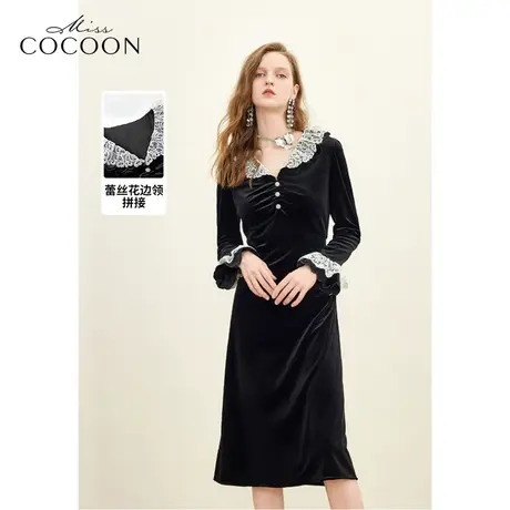 MISSCOCOON优雅V领丝绒裙2023冬季新女波浪边绣花抽皱收腰连衣裙图片