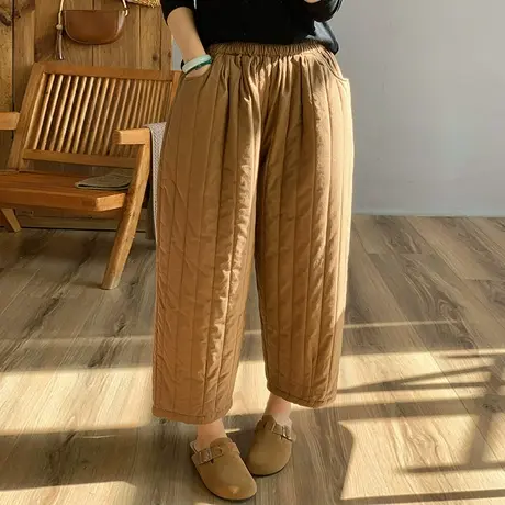dza 高腰显瘦竖条棉裤女冬外穿休闲裤子宽松直筒阔腿裤保暖复古裤图片