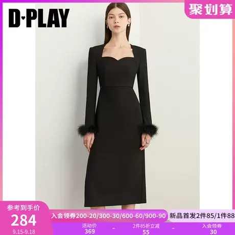 DPLAY2023秋装法式经典黑美背宫廷领羽毛拼接小黑裙轻礼服晚宴裙图片