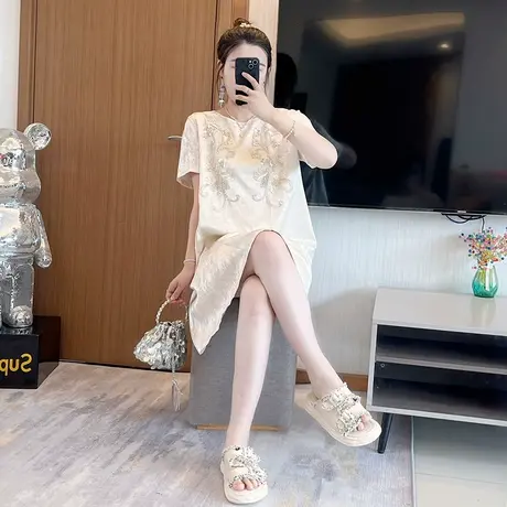 爵莱菲大码女装2025夏季新款胖mm显瘦遮肚连衣裙女小个子裙子图片