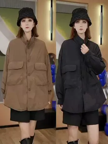 韩版工装风大口袋简约立领棉服风衣女秋冬时尚宽松中长冲锋衣外套图片