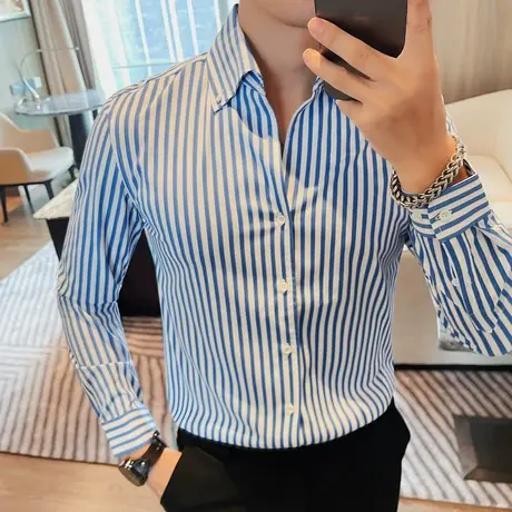 条纹衬衫男春秋季修身商务休闲高级感发型师时尚内搭长袖衬衣男装图片
