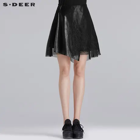 s.deer【新品】圣迪奥女酷感仿皮网纱绣花半身裙S16281326图片