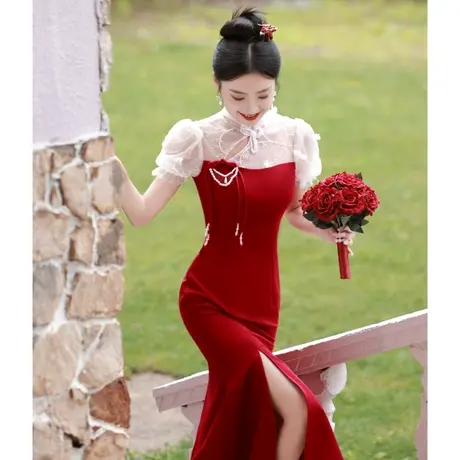 鱼尾开叉敬酒服2024新款新娘结婚回门订婚礼服平时可穿红色连衣裙图片