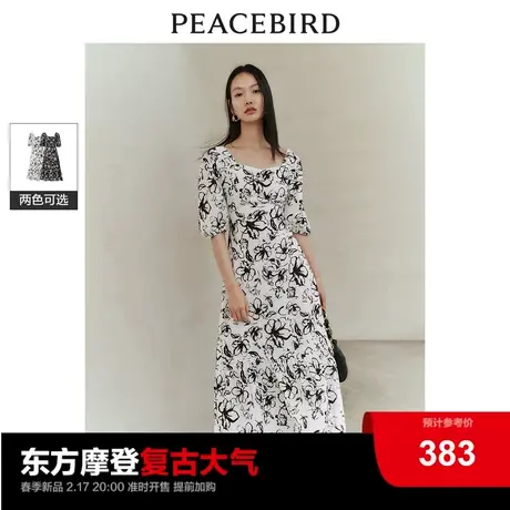 太平鸟法式方领印花连衣裙2025春泡泡袖垂感飘逸长裙气质优雅图片