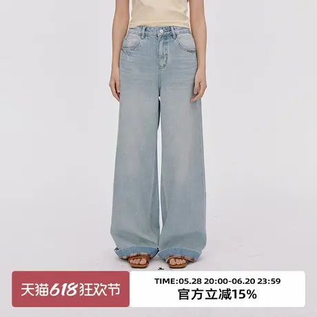omont蛋挞家复古撞色格纹阔腿牛仔裤2025夏季高腰显瘦拖地长裤子图片