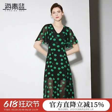 海青蓝 连衣裙夏女2025新款短袖波点女装高级设计感中长款裙子图片