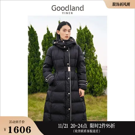 Goodland美地女装2023冬季中长款连帽里布牛奶丝白鸭绒羽绒服图片
