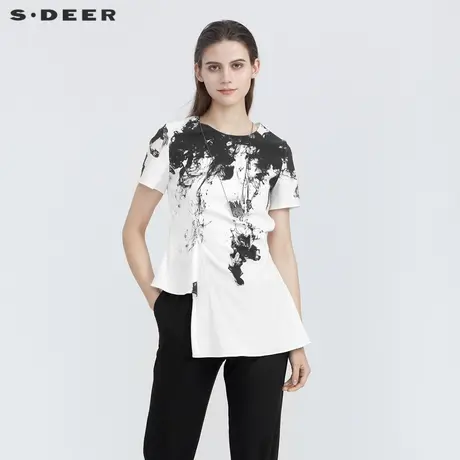 sdeer圣迪奥女装夏圆领泼墨印花不规则短袖衬衫S21280407商品大图