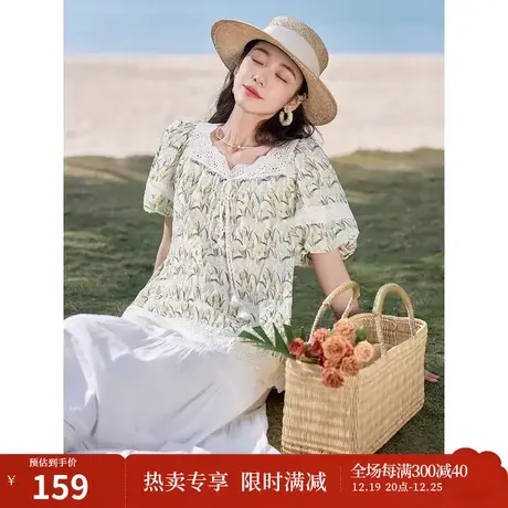 茵曼法式清新衬衣2023夏女装新款方领拼接镂空花边盐缩印花上衣图片