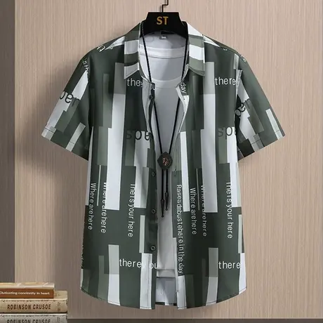 薄款短袖衬衫男夏季宽松尖领条纹印花衣服寸衫冰丝凉感青少年衬衣图片