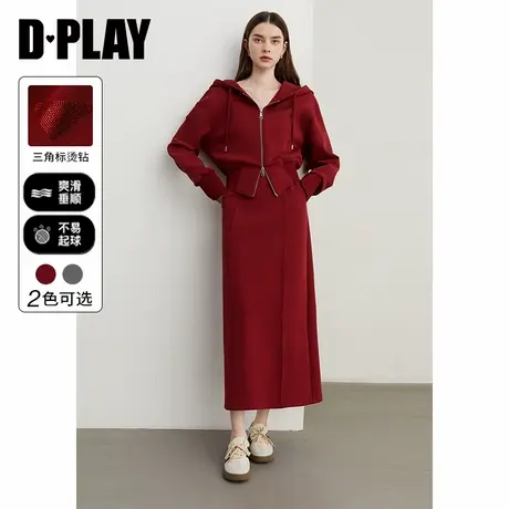 DPLAY冬季运动风红色连帽拉链卫衣宽松休闲开衫短款外套女图片