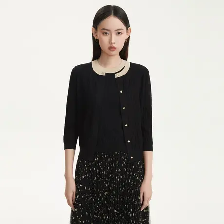 LANCY/悦朗姿2023新款撞色针织开衫女七分袖通勤短款外套女奥莱图片