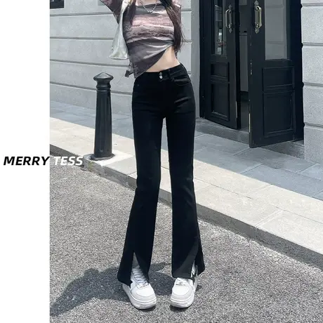 黑色开叉微喇叭牛仔裤女2023年秋季新款设计感高腰显瘦双扣马蹄裤图片