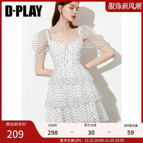 Dplay夏季新款法式复古白底黑波点泡泡羊腿袖连衣裙收腰蛋糕裙图片