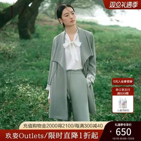 JZ玖姿轻松感翻领风衣女装2023春季新款印花翻边休闲外套绿色图片