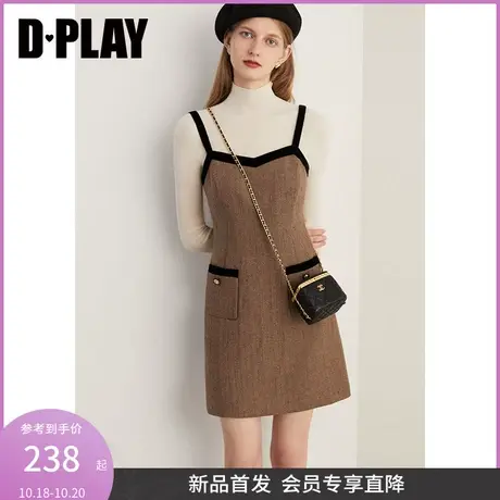 DPLAY2023冬美拉德法式复古卡其拼黑V领撞色金属扣连衣裙吊带裙图片