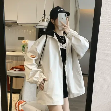唐狮2022新款工装外套女春秋可拆卸针织连帽上衣宽松休闲白色风衣图片