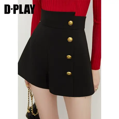 DPLAY春新气质通勤不对称高腰节小开衩金属扣短裤裤王图片